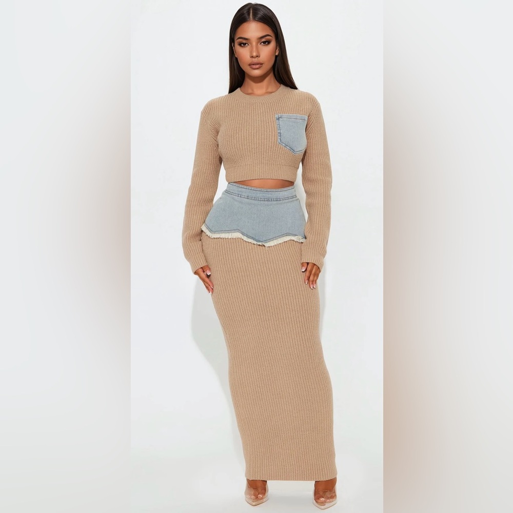 Fashion Nova Beige Ribbed Knit Skirt with Denim Accent